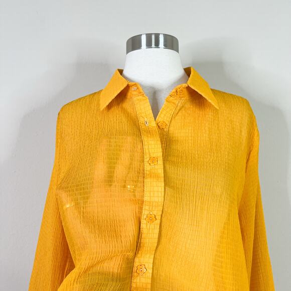 NEW Lisa Says Gah | Shirred Mustard Yellow Solid Sheer Flower Button Button Top - Picture 3 of 10